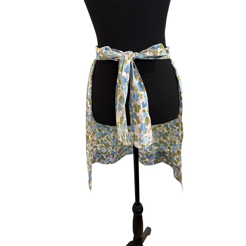 Vintage Handmade Blue And Green Floral Women’s Waist Apron With Pocket